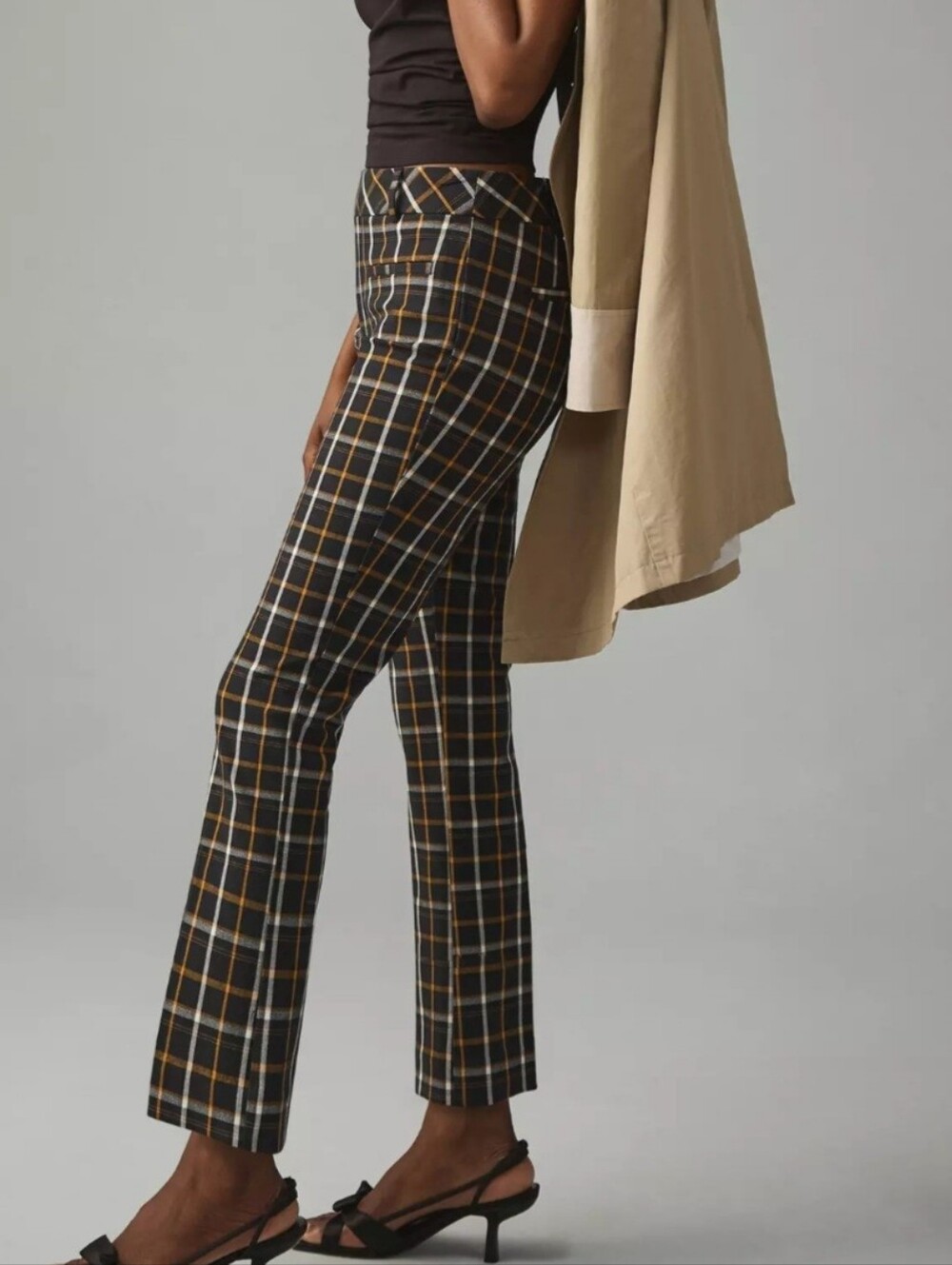 Anthropologie Black Plaid Slim Kick-Flare Pants